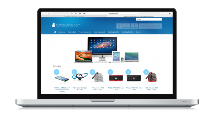 Borítókép: A SzifonStore webáruházunk oldala egy MacBook Pro készüléken megnyitva teljes képernyőn.