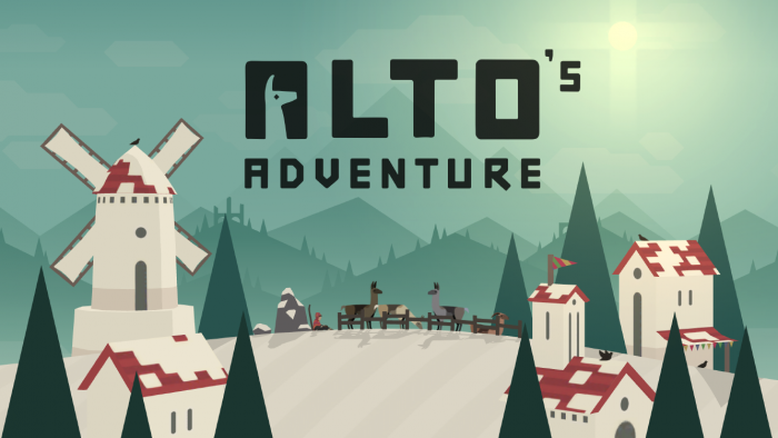 Borítókép: Alto's Adventure nyitókép: havas tájon, egy dombtetőn pár ház a kép két oldalán, egy szélmalom, fenyőfák, és középen egy karámban a lámák, amik el fognak szökni, a háttérben pedig hegyek magasodnak.
