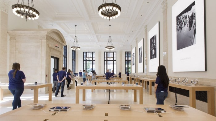 Apple's new store is shown, Thursday, June 11, 2015 in New York. To create the newest Apple store to sell iPhones, smartwatches and other modern gadgetry, Apple took a look back at the 1920s. The new store on New York's Upper East Side occupies part of a Beaux Arts building that originally housed the U.S. Mortgage & Trust bank. The store opens Saturday to the public. (AP Photo/Mark Lennihan)