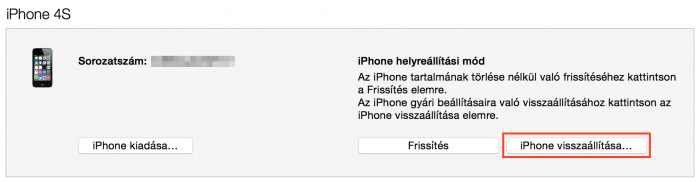 Kép: Egy iPhone 4s helyreállítási módban az iTunes-ban a 9.3.2 visszaállításához.