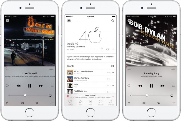 Kép: Az Apple Music "Apple 40" lejátszási lista képernyőképei az iPhone-on.