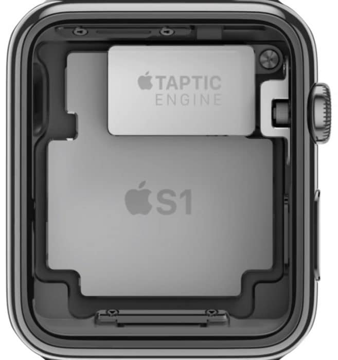 Kép: Az Apple Watch belülről, felfedve a Taptic Engine-t, és alatta a készülék lelkét adó S1 chipet.