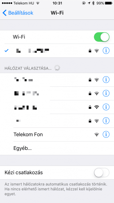 Kép: Telekom Fon hálózat az iOS Wi-Fi menüpontjában.