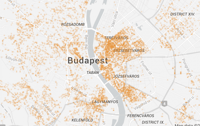 Kép: A Telekom Wi-Fi Fon hálózatának lefedettsége Budapesten, Terézvárosban és Erzsébetvárosban a legtöbb hotspottal.