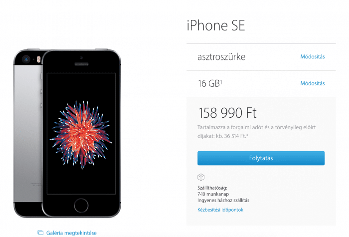 Kép: iPhone SE a magyar online Store-ban, asztroszürke színben, a 16 gigabájtos modell ára bruttó 158990 forint, szállíthatósága 7-10 munkanap.