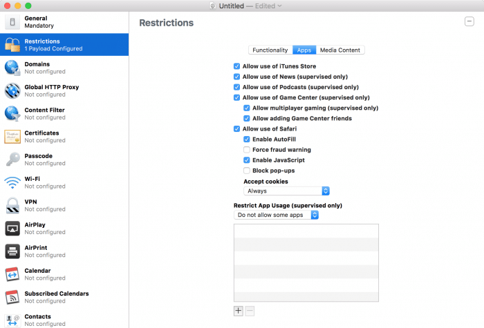 Kép: Apple Configurator: az alkalmazásokra vonatkozó beállítások részletei a korlátozások menüpont alatt.