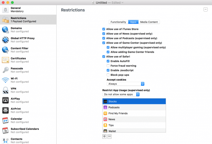 Kép: Apple Configurator: az elrejteni kívánt appok listája a képen hat appot tartalmaz.