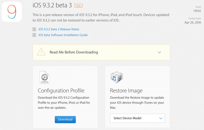Kép: Az iOS 9.3.2 beta 3 részletei az Apple fejlesztői központjában.