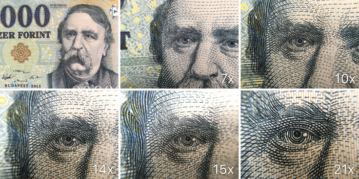 Kép: Egy húszezer forintos bankjegy egyszeres, hétszeres, tízszeres, tizennégyszeres, tizenötszörös és huszonegyszeres nagyításban a makró lencsékkel fotózva.