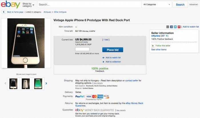 Borítókép: Egy iPhone 6 prototípus aukciós oldala az eBay-en.