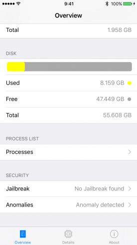 Kép: Az app Overview nézete a biztonsági vizsgálat eredményeivel: jailbreak és egyéb anomáliák.