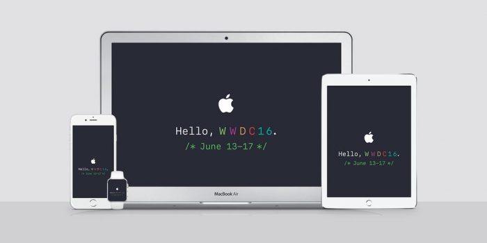 Kép: A WWDC meghívója és oldala alapján készült háttérképek: fehér alma logó, alatta a Hello, WWDC16 szöveg és a június 13-17-es dátum.
