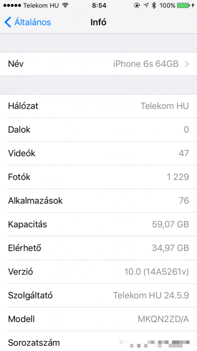 Kép: iOS 10 beta 1 esetén pedig már 59,07GB a teljes felhasználható kapacitás.
