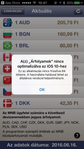 Borítókép: Az iOS 10 által feldobott figyelmeztetés, ha egy app csak 32 bites.