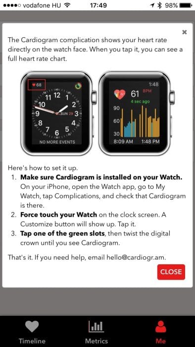 Kép: A Cardiogram komplikációjának beállítása az Apple Watch-on.