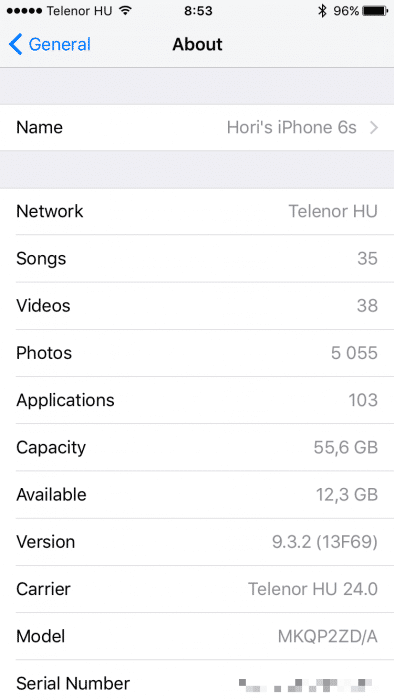 Kép: A 64GB-os iPhone 6s esetén 55,6GB a teljes felhasználható kapacitás iOS 9.3.2 esetén.