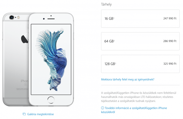 Borítókép: Az iPhone 6s esetén elérhető tárhely-kapacitások: 16, 64 és 128GB.