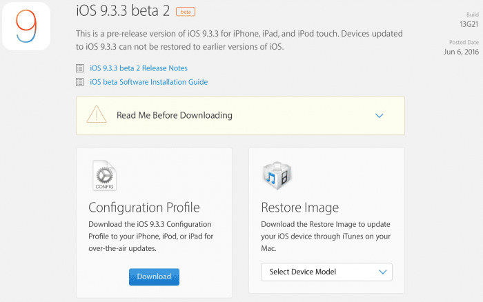 Kép: Az iOS 9.3.3 beta 2 részletei az Apple fejlesztői központjában.