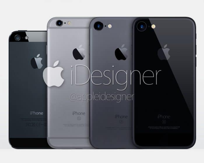 Borítókép: A fekete színű készülékek színárnyalatai négy készülék hátoldalával bemutatva – iPhone 5s, iPhone 6s, és két állítólagos iPhone 7, sötétebb szürke és fekete színben.