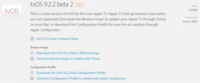 Kép: Az tvOS 9.2.2 beta 2 részletei az Apple fejlesztői központjában.