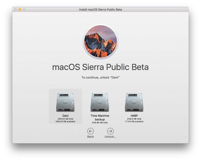 Kép: A megfelelő meghatjó kiválasztása a macOS Sierra telepítőjében.