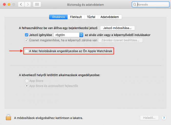 Kép: A Mac feloldásának engedélyezése az Apple Watch használatával opció a macOS Sierra Rendszerbeállítások alatt.