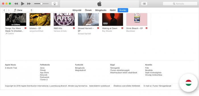 iTunes – országválasztás a jobb alsó sarokban lévő zászlóra kattintva.