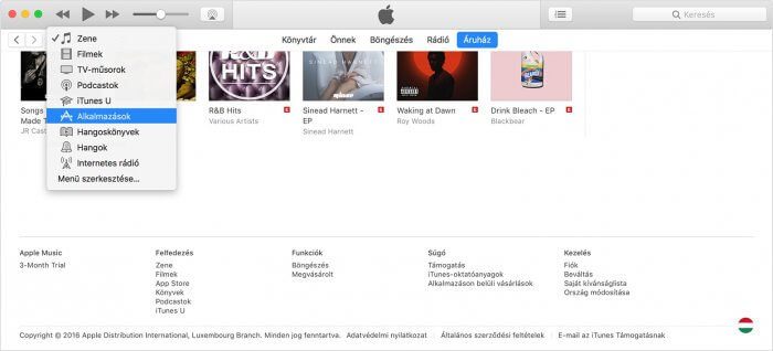 iTunes – az Alkalmazások opció kiválasztása a legördülő menüből.