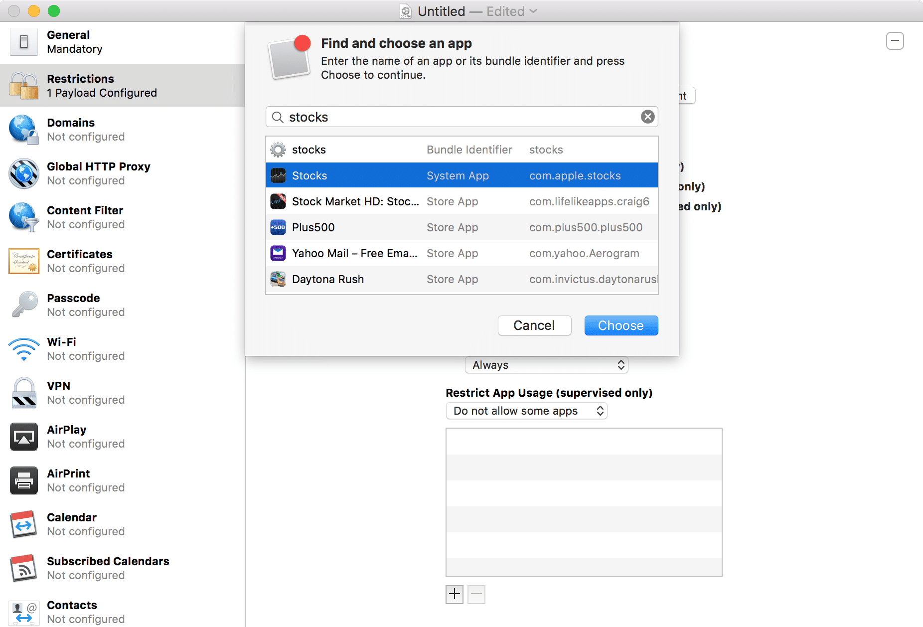 Kép: Apple Configurator: elrejteni kívánt app hozzáadása név vagy bundle ID alapján – a példában a Részvények app szerepel.