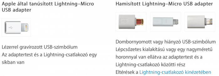 Kép: Eredeti és nem eredeti Lightning-mikro USB adapterek összehasonlítása, a részletek a következő két bekezdésben.