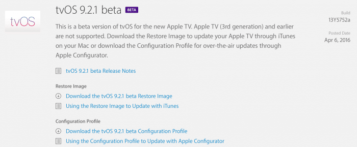 Kép: A tvOS 9.2.1 beta részletei az Apple fejlesztői központjában.