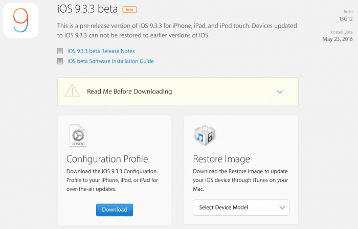 Kép: Az iOS 9.3.3 beta 1 részlete az Apple fejlesztői központjában.