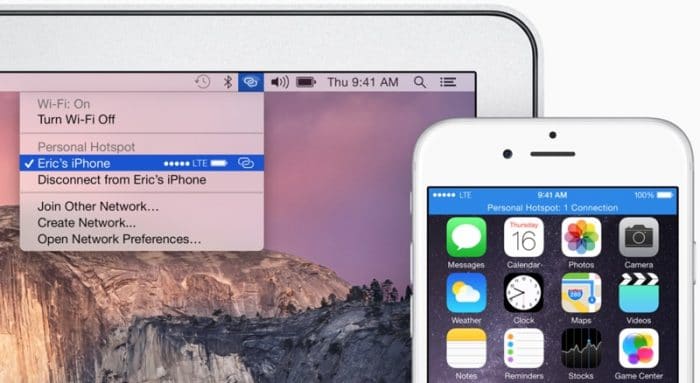 Kép: Az Instant Hotspot funkció bekapcsolása a MacBook esetén kiválasztva az iPhone-t a Wi-Fi hálózatok listájából.