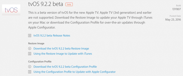 Kép: A tvOS 9.2.2 beta 1 részlete az Apple fejlesztői központjában.