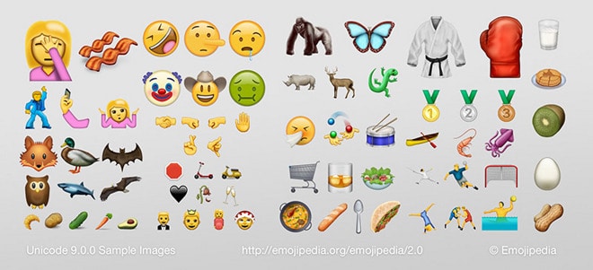 Kép: A Unicode 9.0-ban elérhetővé váló új emotikonok mintaképei.