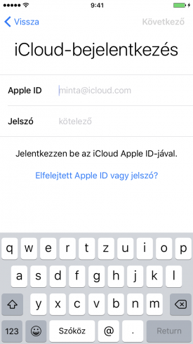 Beállítási Asszisztens – iCloud-mentés, bejelentkezés Apple ID-val