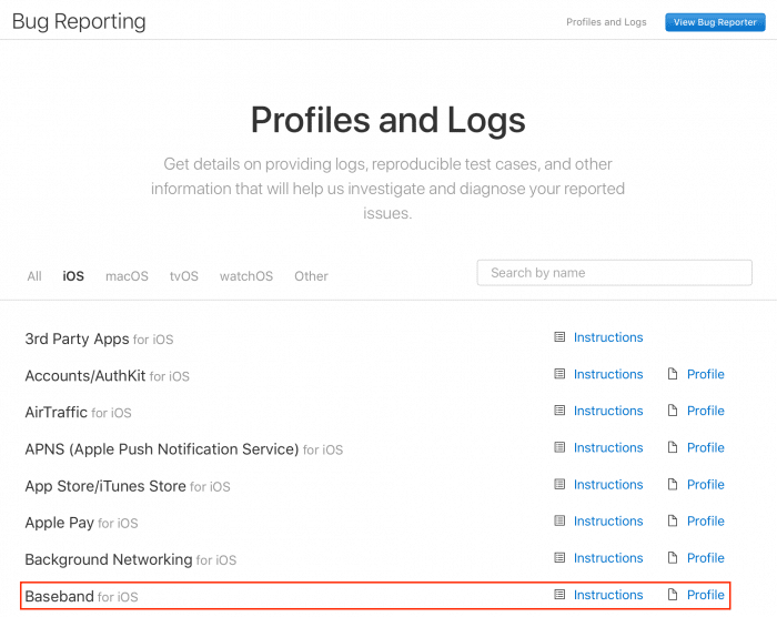 Apple fejlesztői központ – Profiles and Logs opciók