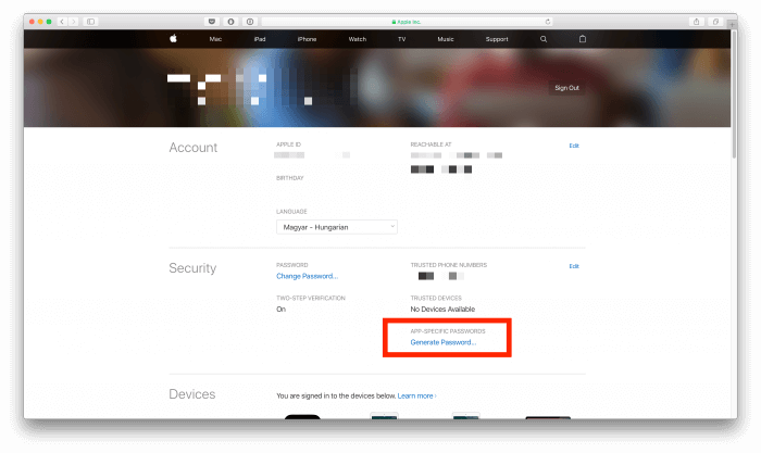 Alkalmazásspecifikus jelszó létrehozása az Apple ID alatt