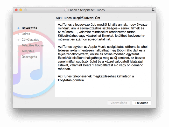 Az iTunes 12.6.3 telepítőjének nyitóképe