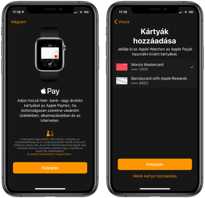 Apple Pay hozzáadása Apple Watch-on