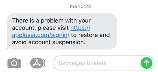 Az üzenet szövege: “There is a problem with your account, please visit *link* to restore and avoid account suspension.”