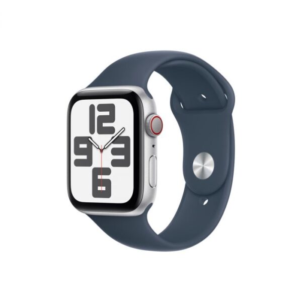 Apple Watch SE GPS + Cellular – 44 mm-es ezüst alumíniumtok, viharkék sportszíj - S/M