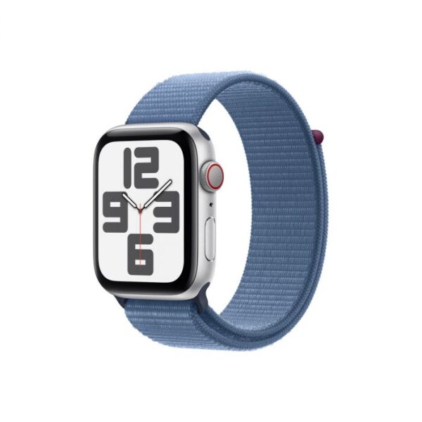 Apple Watch SE GPS + Cellular – 44 mm-es ezüst alumíniumtok, télkék sportpánt