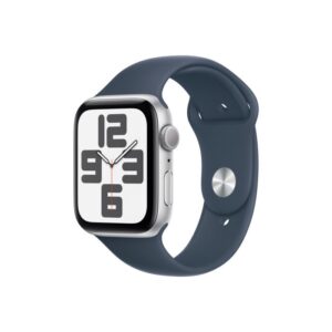Apple Watch SE GPS – 44 mm-es ezüst alumíniumtok, viharkék sportszíj - S/M