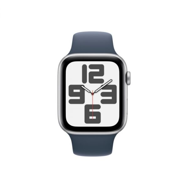 Apple Watch SE GPS – 44 mm-es ezüst alumíniumtok, viharkék sportszíj - M/L