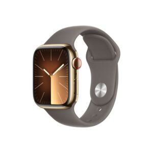 Apple Watch Series 9 GPS + Cellular – 41 mm-es aranyszínű rozsdamentesacél tok, agyag sportszíj - S/M