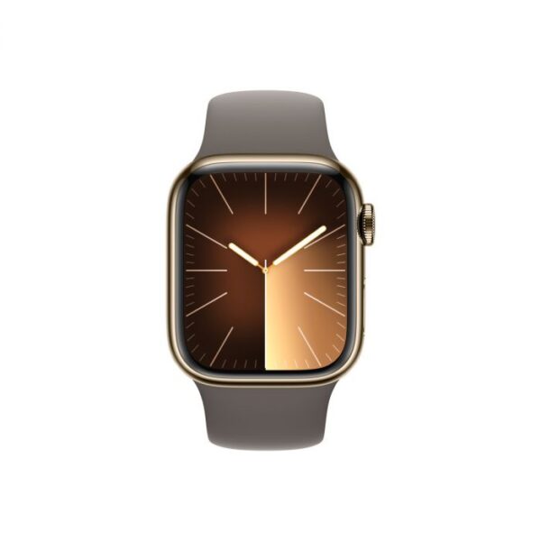 Apple Watch Series 9 GPS + Cellular – 41 mm-es aranyszínű rozsdamentesacél tok, agyag sportszíj - S/M