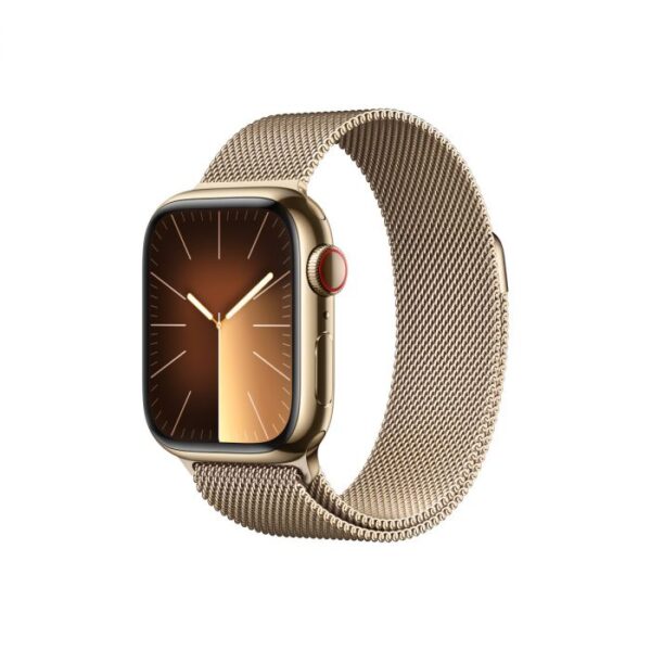Apple Watch Series 9 GPS + Cellular – 41 mm-es aranyszínű rozsdamentesacél tok, aranyszínű milánói szíj