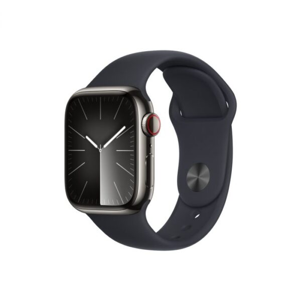 Apple Watch Series 9 GPS + Cellular – 41 mm-es grafitszínű rozsdamentesacél tok, éjfekete sportszíj - S/M