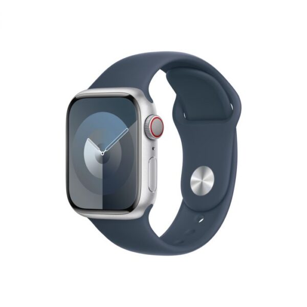 Apple Watch Series 9 GPS + Cellular – 41 mm-es ezüst alumíniumtok, viharkék sportszíj - S/M